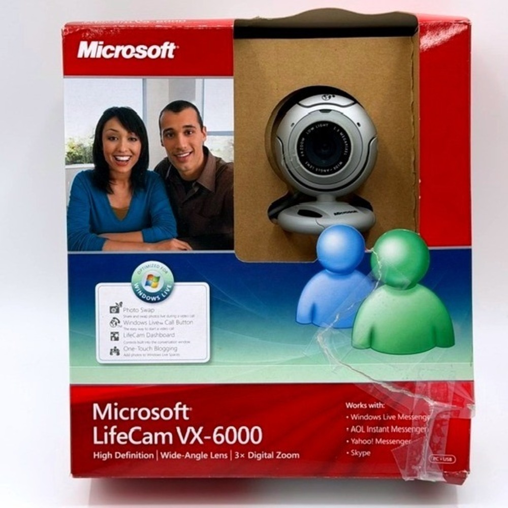 Microsoft LifeCam VX-6000 HD Webcam Wide-Angle Lens 3x Zoom Silver New In Box
